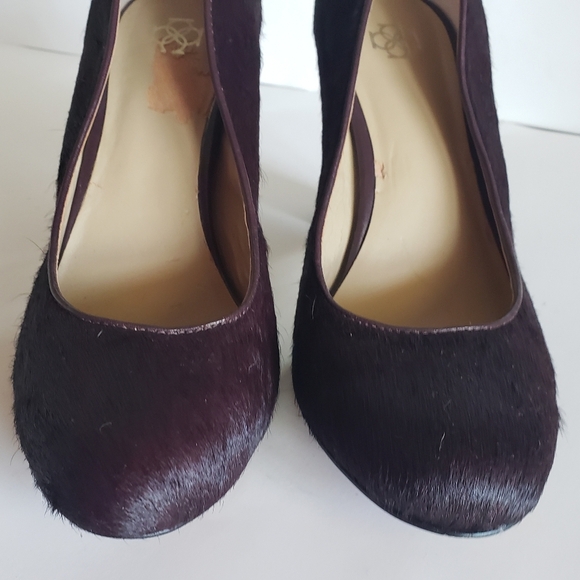 Ann Taylor Sz 8.5 Gold Heel Died Shearling Cow Hair Pumps brown Purple block - Picture 7 of 15